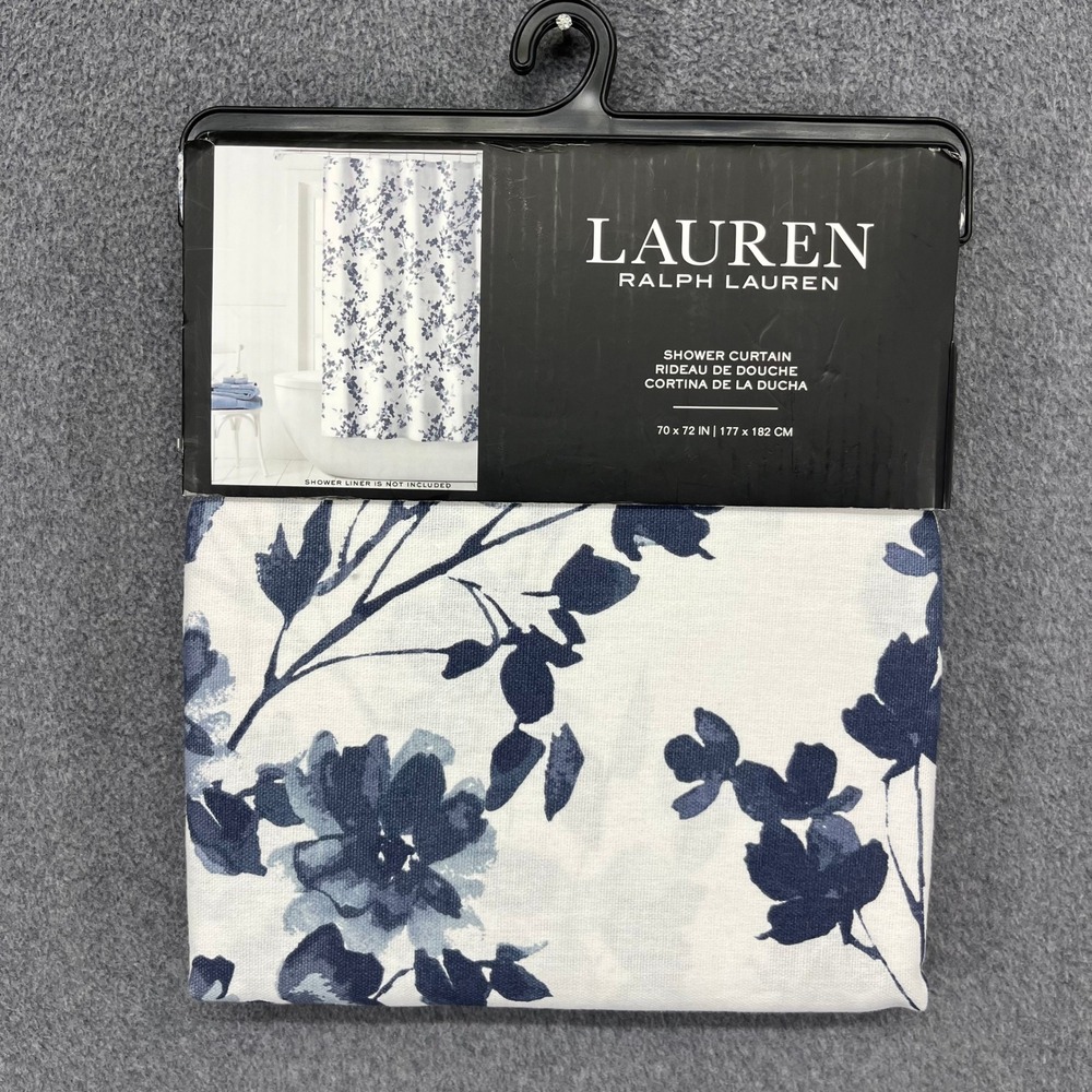 Lauren Ralph Lauren Shower Curtain Blue White Floral Cotton 70x72 Tailored Hem